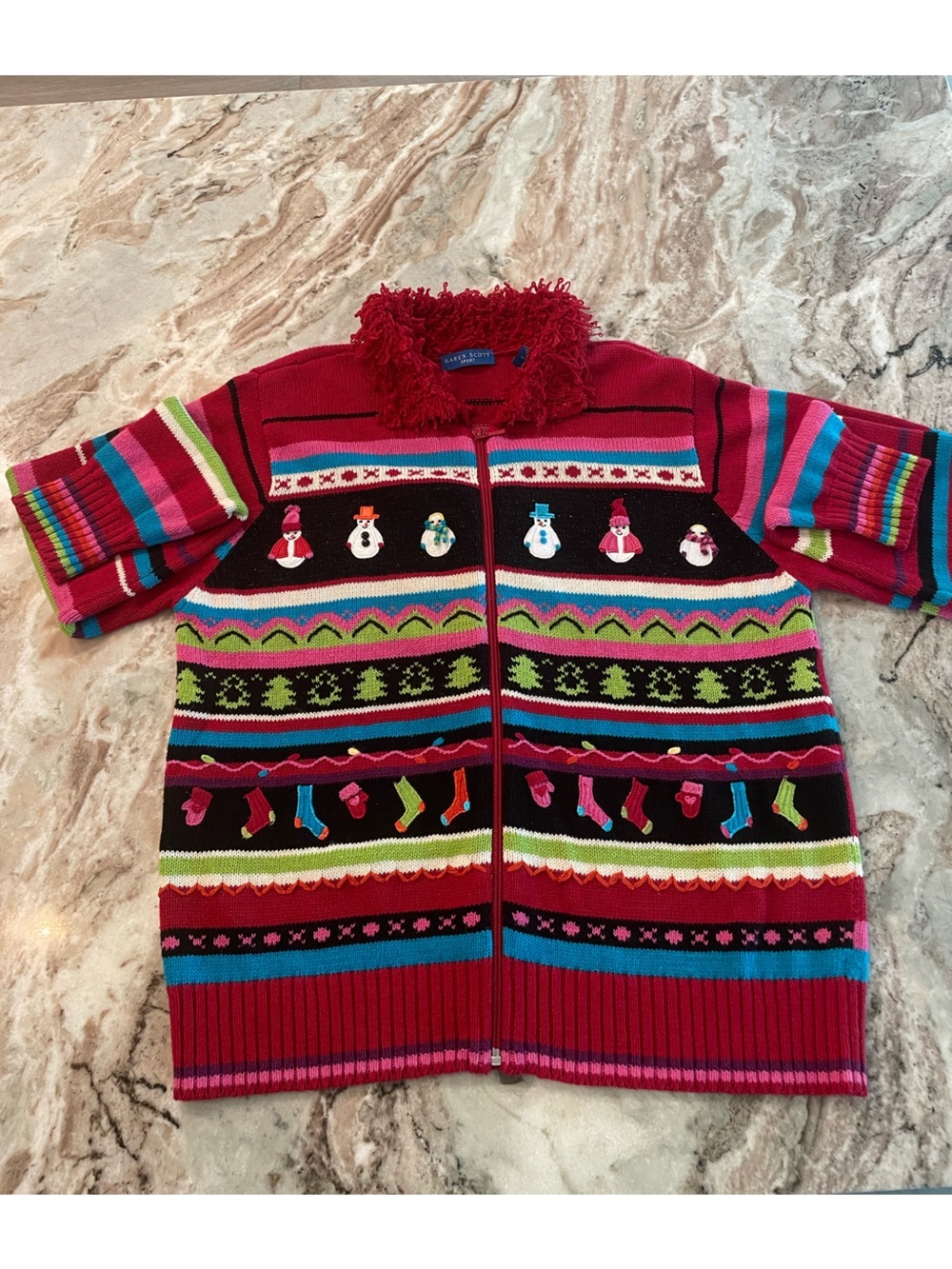 Holiday Zip Up Cardigan Christmas Colorful Snowmen Festive Winter Sweater Large